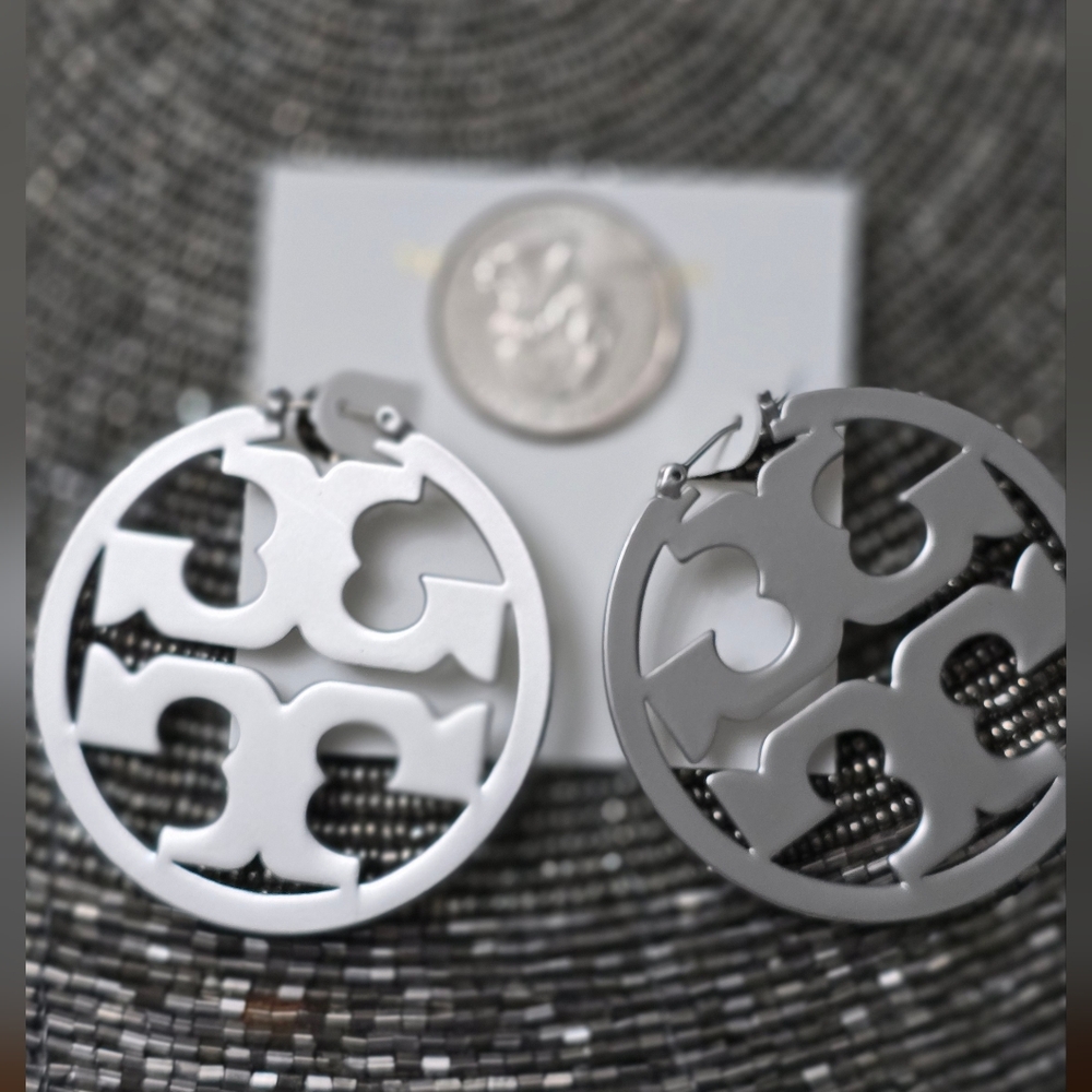 Tory Burch Miller Silvertone Logo Hoop Earrings - Picture 4 of 5